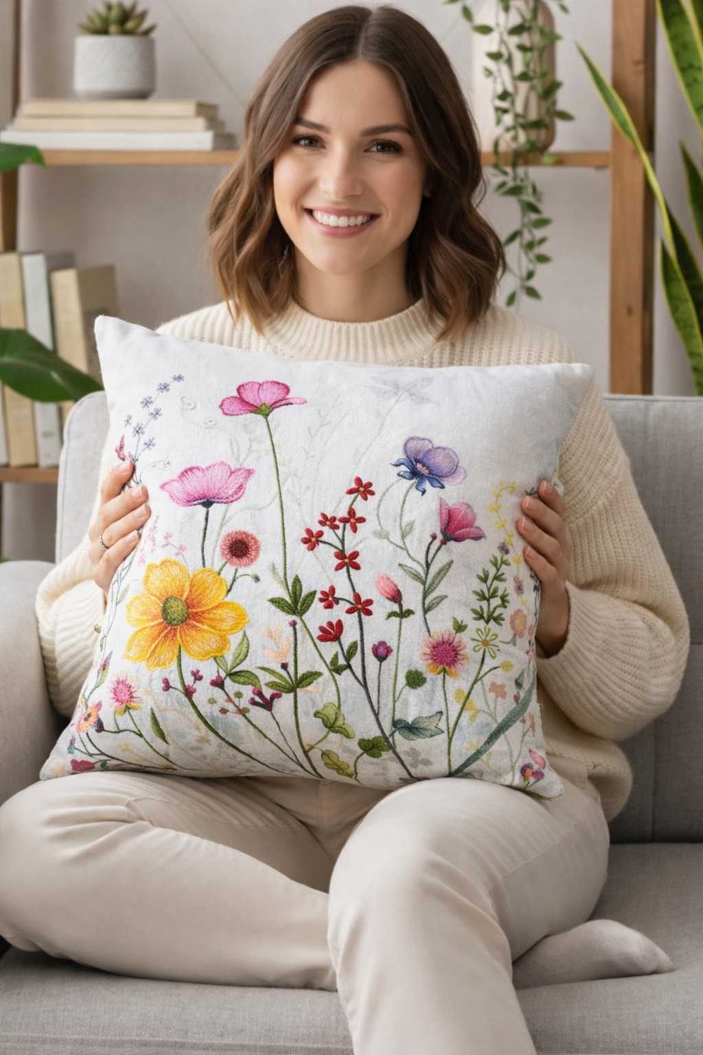 Floral Printed Cotton Cushion Cover with Polyester Filled Insert (16x16 Inch)– Decorative Sofa Throw Pillow for Living Room & Bedroom