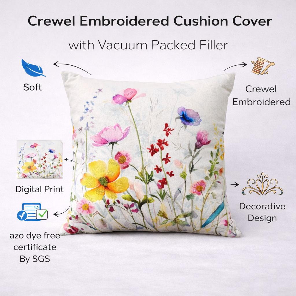 Floral Printed Cotton Cushion Cover with Polyester Filled Insert (16x16 Inch)– Decorative Sofa Throw Pillow for Living Room & Bedroom