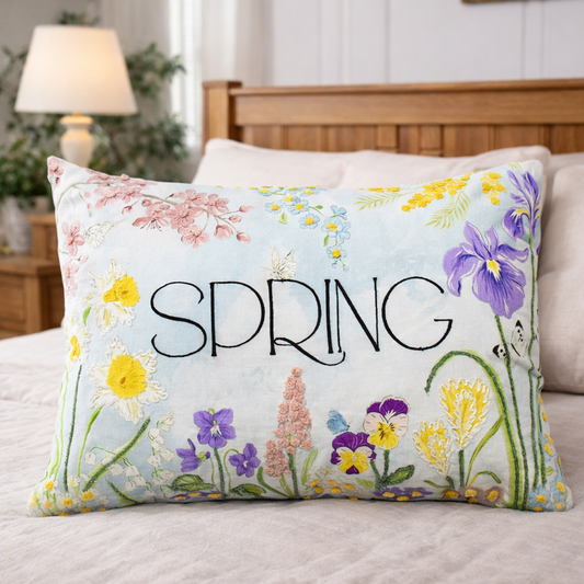 Spring Floral Embroidered & Printed Cotton Cushion Cover with Insert – 14x20 Inch