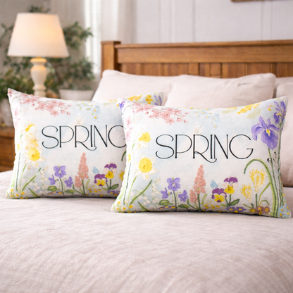 Spring Floral Embroidered & Printed Cotton Cushion Cover with Insert – 14x20 Inch