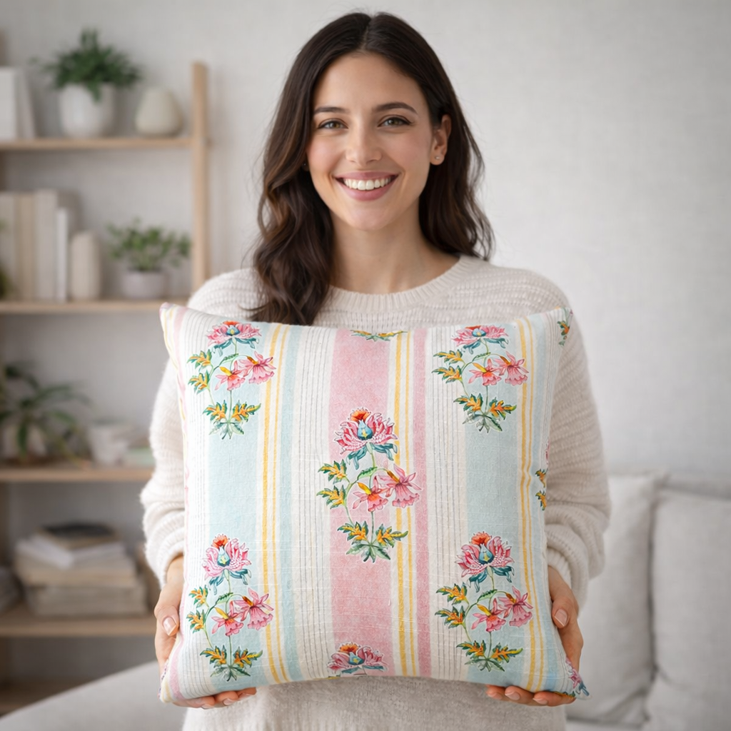 Premium Floral Cotton Cushion Cover Set with Polyester Filler Inserts – 14x14 Inch Decorative Cushions