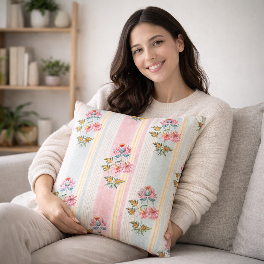 Cotton Printed Cushion Cover with Insert – Floral Striped Decorative Throw Pillow for Sofa, Bed & Living Room (Pack of 1, 2 & 5)