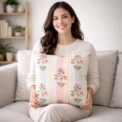 Cotton Printed Cushion Cover with Insert – Floral Striped Decorative Throw Pillow for Sofa, Bed & Living Room (Pack of 1, 2 & 5)