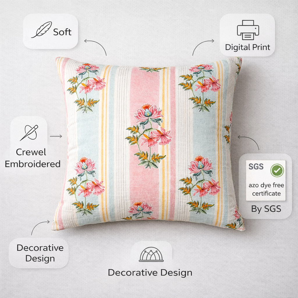 Cotton Printed Cushion Cover with Insert – Floral Striped Decorative Throw Pillow for Sofa, Bed & Living Room (Pack of 1, 2 & 5)