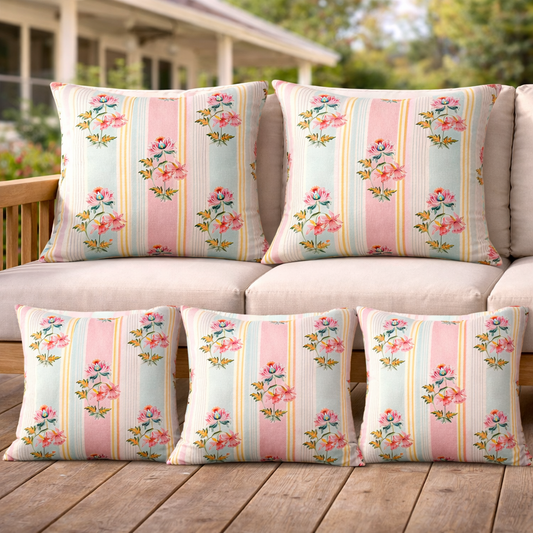 Cotton Printed Cushion Cover with Insert – Floral Striped Decorative Throw Pillow for Sofa, Bed & Living Room (Pack of 1, 2 & 5)