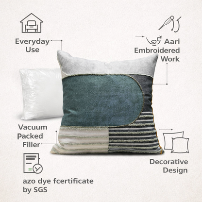 Modern Textured Cotton Cushion Cover with Insert | Handmade Striped Patchwork Throw Pillow | Grey & Charcoal Decorative Pillow