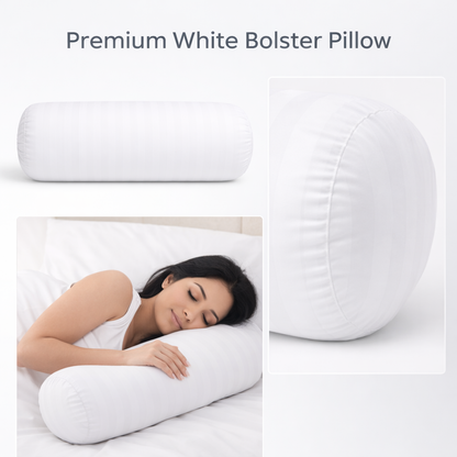 White Striped Bolster Pillow (9x24 inch) – Soft Polyester Cylindrical Cushion | Neck, Back & Leg Support | Single Piece