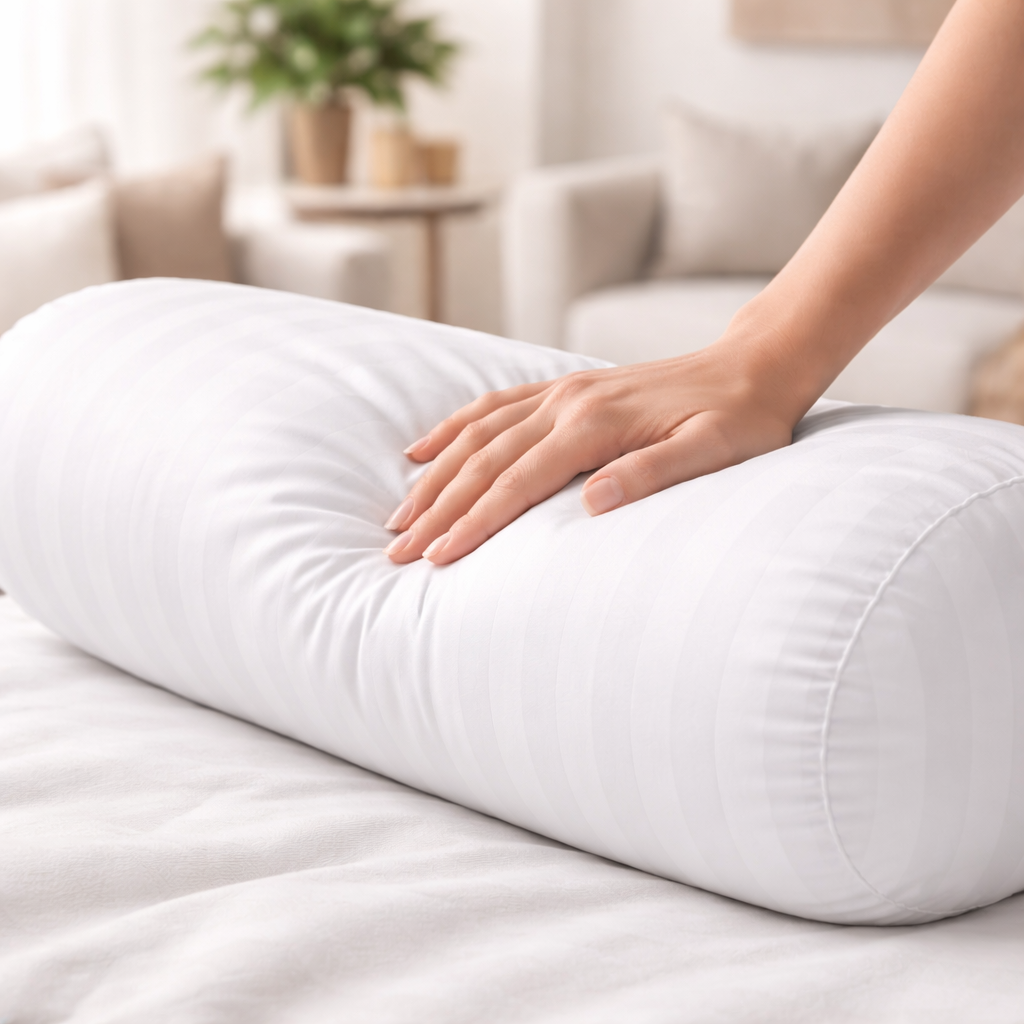White Striped Bolster Pillow (9x24 inch) – Soft Polyester Cylindrical Cushion | Neck, Back & Leg Support | Single Piece