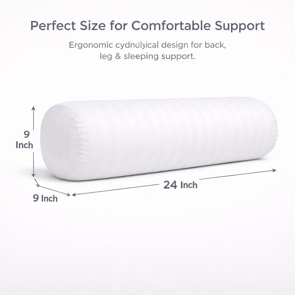 Set of 2 White Striped Bolster Pillows (9x24 inch) – Microfiber Filled Cylindrical Cushions | Bed Support Combo