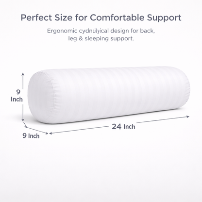 Set of 2 White Striped Bolster Pillows (9x24 inch) – Microfiber Filled Cylindrical Cushions | Bed Support Combo