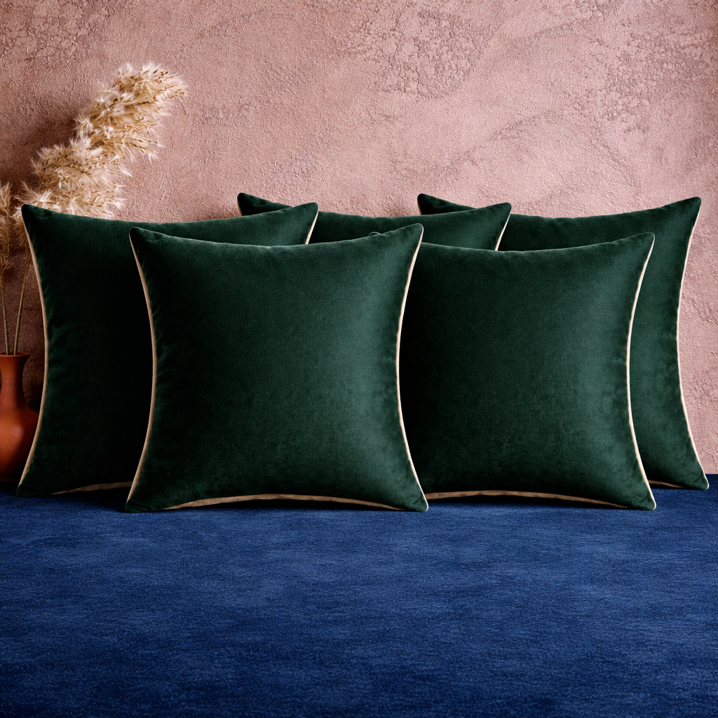 Premium Green Poly Velvet Cushion Cover Set with Polyester Filler Insert