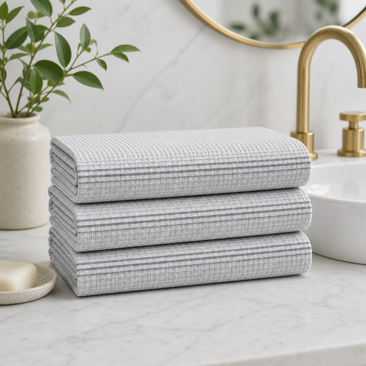 Ultra Soft & Absorbent Waffle Weave Kitchen Towels – 3 Piece Grey Stripe Dish Cloth Set