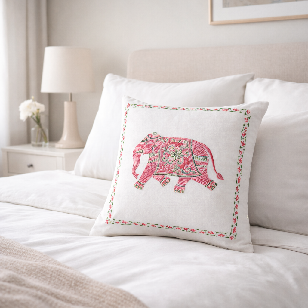 Pink Embroidered Elephant Cushion Cover with Insert – Decorative Throw Pillow for Sofa, Bed & Living Room (Copy)
