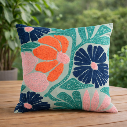 Embroidered Floral Cotton Cushion with Polyester Filler Insert