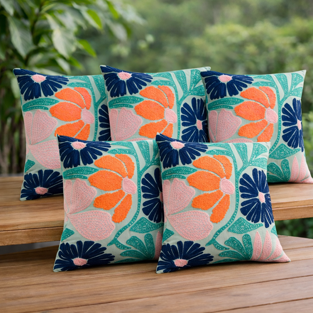 Embroidered Floral Cotton Cushion with Polyester Filler Insert
