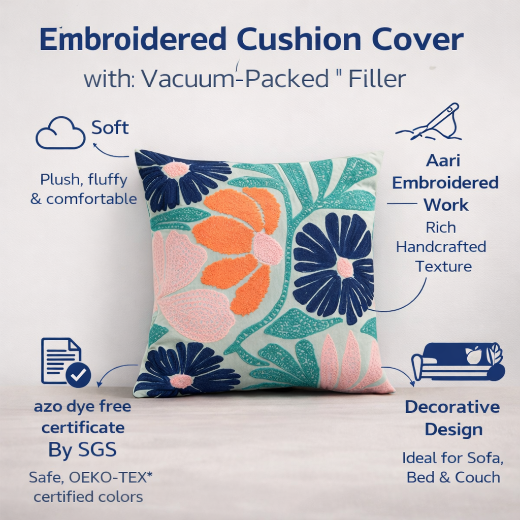 Embroidered Floral Cotton Cushion with Polyester Filler Insert