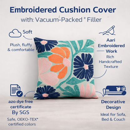 Embroidered Floral Cotton Cushion with Polyester Filler Insert