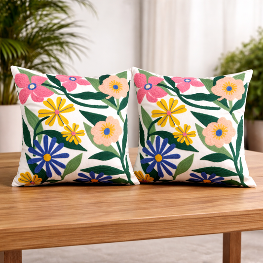 Handcrafted Floral Tufted Cotton Cushion Cover Set With Filler Insert (16x16 Inch) – Soft Decorative Pillow Covers for Sofa & Living Room