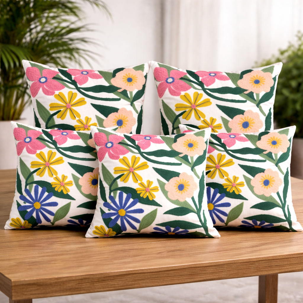 Handcrafted Floral Tufted Cotton Cushion Cover Set With Filler Insert (16x16 Inch) – Soft Decorative Pillow Covers for Sofa & Living Room