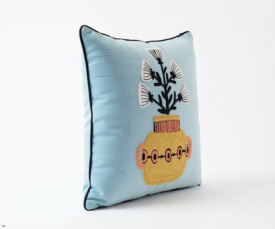 Handcrafted Polyester Cushion Cover with Insert – Embroidered Floral Vase Design Decorative Throw Pillow for Sofa, Bed & Living Room