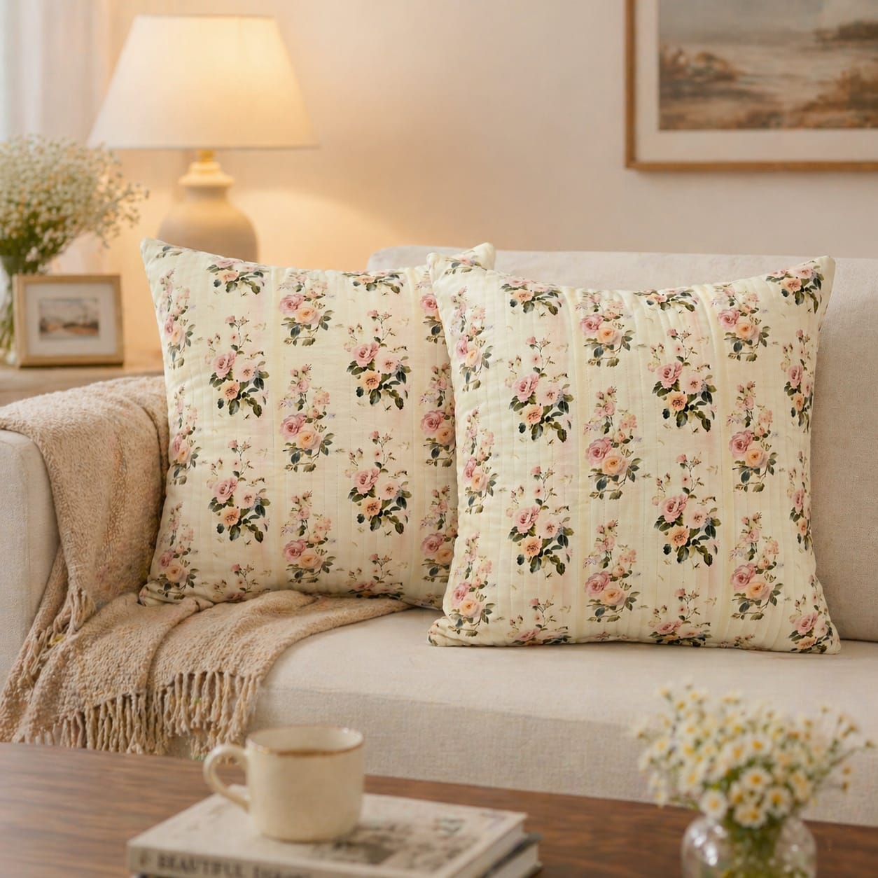 Elegant Floral Printed Cotton Cushion Cover with Cushion Insert – Soft Rose Pattern Decorative Throw Pillow Set for Sofa, Living Room & Bedroom