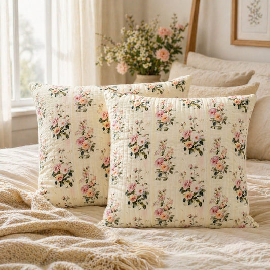 Elegant Floral Printed Cotton Cushion Cover with Cushion Insert – Soft Rose Pattern Decorative Throw Pillow Set for Sofa, Living Room & Bedroom
