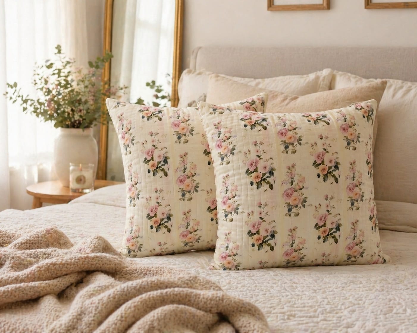 Elegant Floral Printed Cotton Cushion Cover with Cushion Insert – Soft Rose Pattern Decorative Throw Pillow Set for Sofa, Living Room & Bedroom