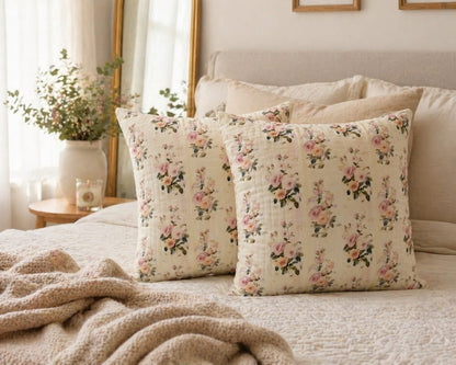 Elegant Floral Printed Cotton Cushion Cover with Cushion Insert – Soft Rose Pattern Decorative Throw Pillow Set for Sofa, Living Room & Bedroom