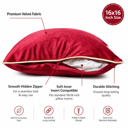 Premium Red Poly Velvet Cushion Cover with Polyester Filler Insert (16X16 Inch)– Soft Decorative Sofa Cushion
