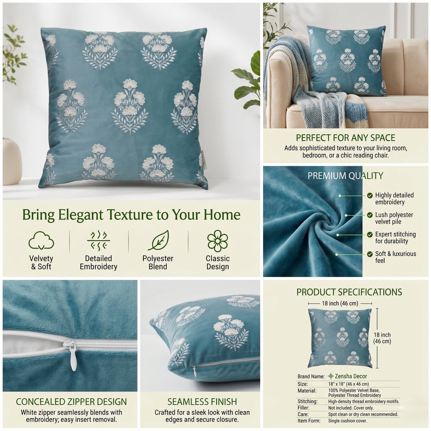 Premium Polyester Cushion Cover with Insert – Blue Floral Printed Decorative Throw Pillow for Sofa, Living Room & Bedroom