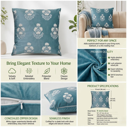Premium Polyester Cushion Cover with Insert – Blue Floral Printed Decorative Throw Pillow for Sofa, Living Room & Bedroom