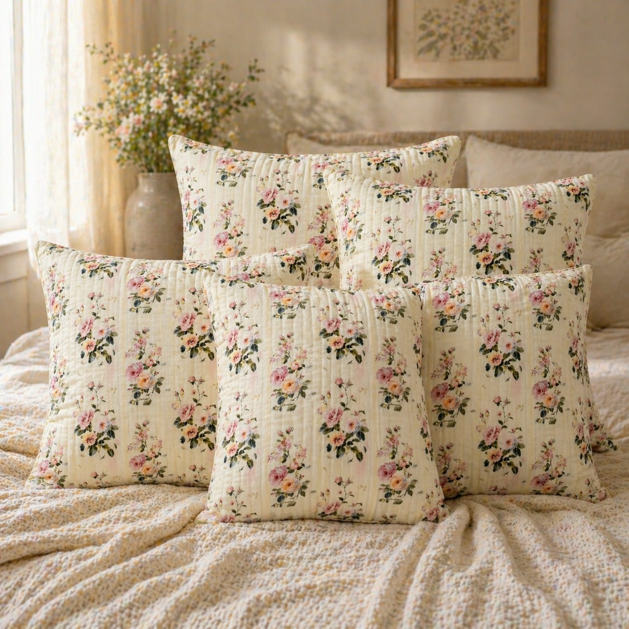 Elegant Floral Printed Cotton Cushion Cover with Cushion Insert – Soft Rose Pattern Decorative Throw Pillow Set for Sofa, Living Room & Bedroom