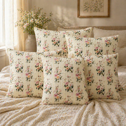 Elegant Floral Printed Cotton Cushion Cover with Cushion Insert – Soft Rose Pattern Decorative Throw Pillow Set for Sofa, Living Room & Bedroom