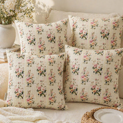 Elegant Floral Printed Cotton Cushion Cover with Cushion Insert – Soft Rose Pattern Decorative Throw Pillow Set for Sofa, Living Room & Bedroom