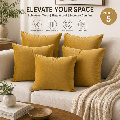 Mustard Yellow Poly Velvet Cushion Cover with Insert – Luxury Soft Throw Pillows for Couch & Living Room