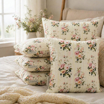 Elegant Floral Printed Cotton Cushion Cover with Cushion Insert – Soft Rose Pattern Decorative Throw Pillow Set for Sofa, Living Room & Bedroom