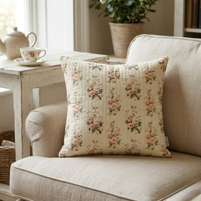 Elegant Floral Printed Cotton Cushion Cover with Cushion Insert – Soft Rose Pattern Decorative Throw Pillow Set for Sofa, Living Room & Bedroom