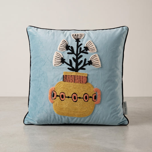 Handcrafted Polyester Cushion Cover with Insert – Embroidered Floral Vase Design Decorative Throw Pillow for Sofa, Bed & Living Room