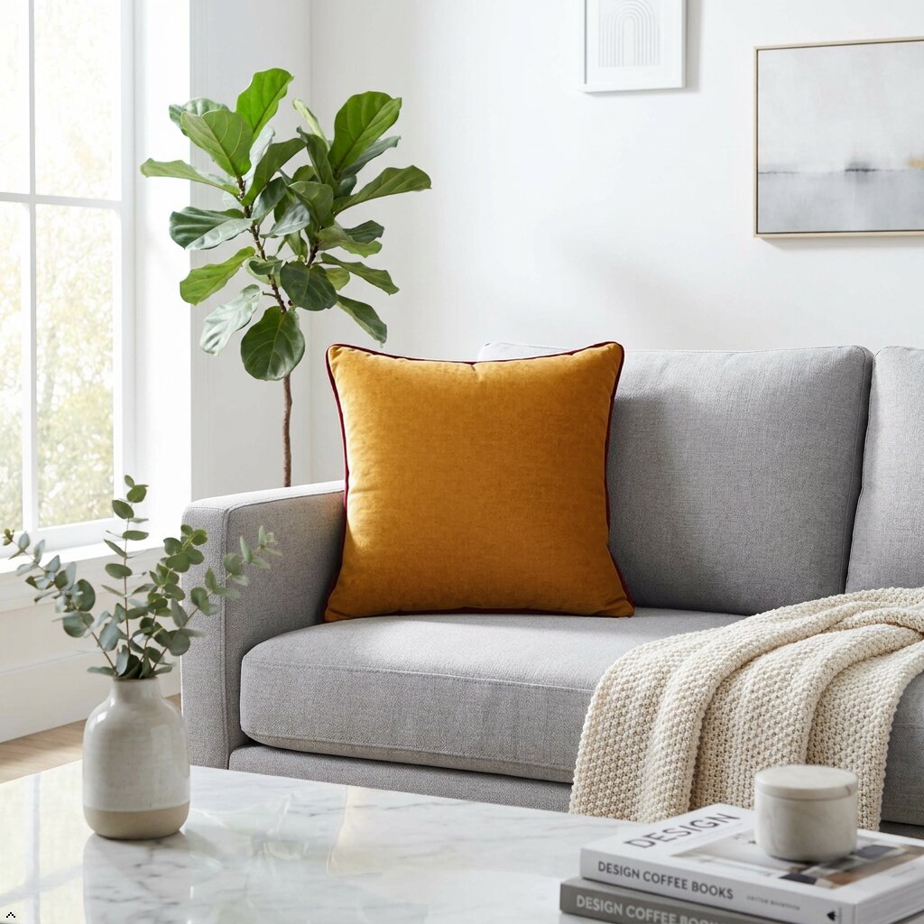Mustard Yellow Poly Velvet Cushion Cover with Insert – Luxury Soft Throw Pillows for Couch & Living Room