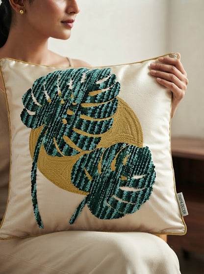 Green Leaf Embroidered Poly Dupion Cushion Cover 18x18 Inch – Decorative Botanical Cushion Cover for Sofa & Bed