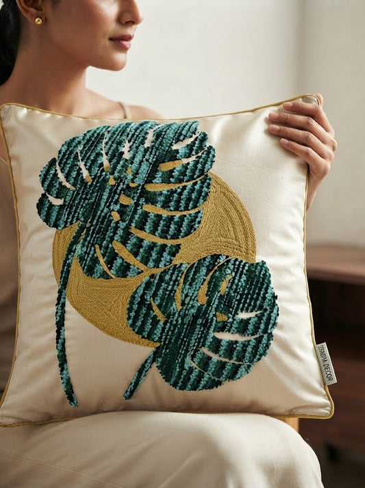 Green Leaf Embroidered Poly Dupion Cushion Cover 18x18 Inch – Decorative Botanical Cushion Cover for Sofa & Bed