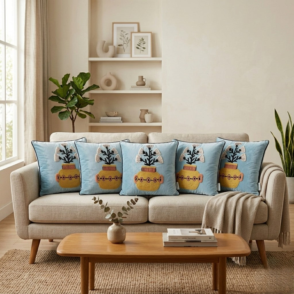 Handcrafted Polyester Cushion Cover with Insert – Embroidered Floral Vase Design Decorative Throw Pillow for Sofa, Bed & Living Room