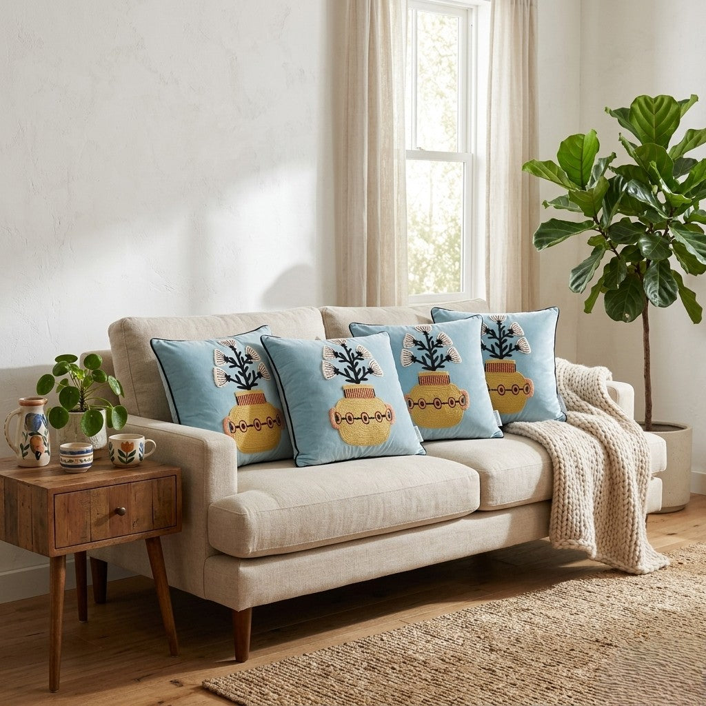 Handcrafted Polyester Cushion Cover with Insert – Embroidered Floral Vase Design Decorative Throw Pillow for Sofa, Bed & Living Room