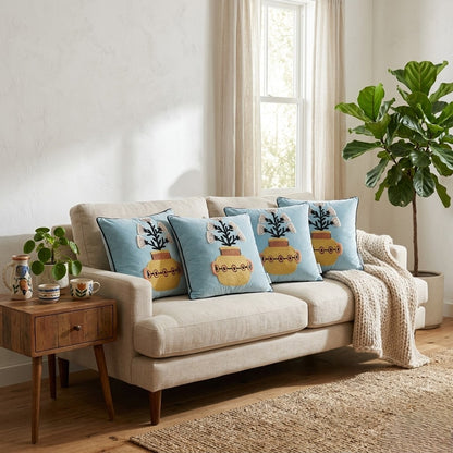 Handcrafted Polyester Cushion Cover with Insert – Embroidered Floral Vase Design Decorative Throw Pillow for Sofa, Bed & Living Room