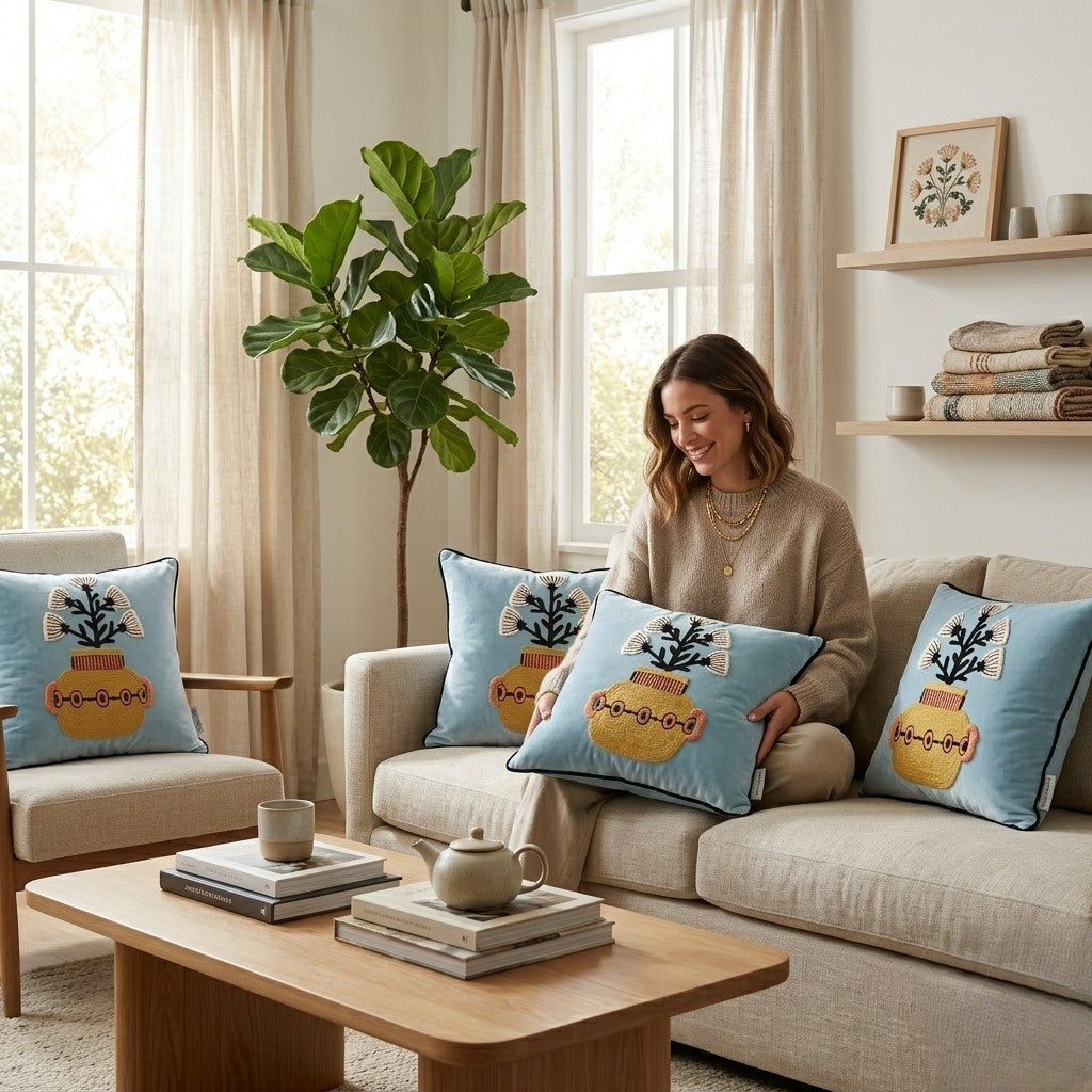 Handcrafted Polyester Cushion Cover with Insert – Embroidered Floral Vase Design Decorative Throw Pillow for Sofa, Bed & Living Room