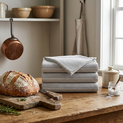Ultra Soft & Absorbent Waffle Weave Kitchen Towels – 3 Piece Grey Stripe Dish Cloth Set