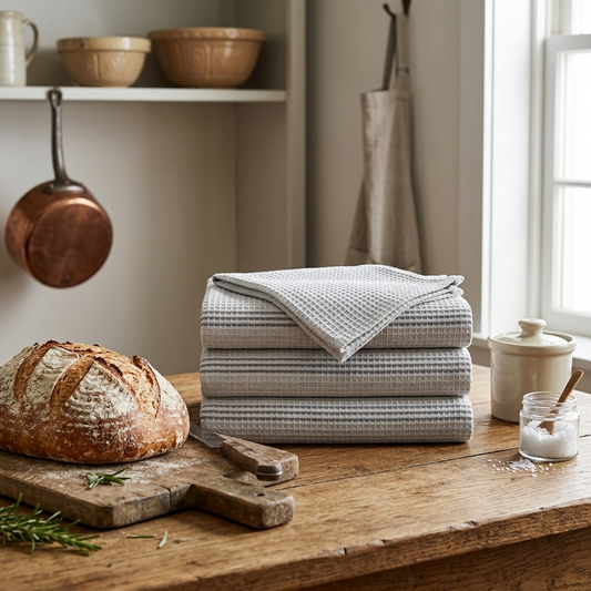 Ultra Soft & Absorbent Waffle Weave Kitchen Towels – 3 Piece Grey Stripe Dish Cloth Set