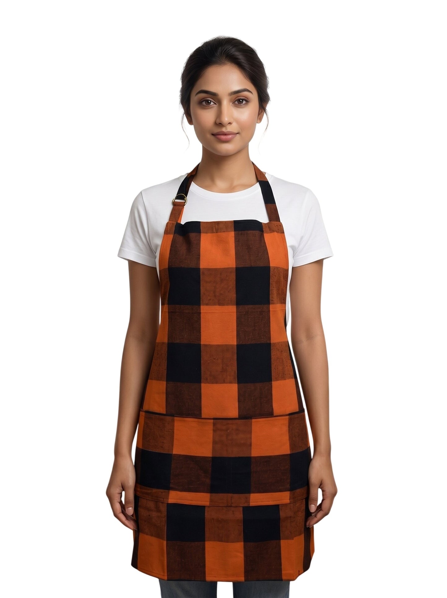 Premium Cotton Buffalo Check Kitchen Apron – Orange & Black Plaid Cooking Apron with Front Pocket