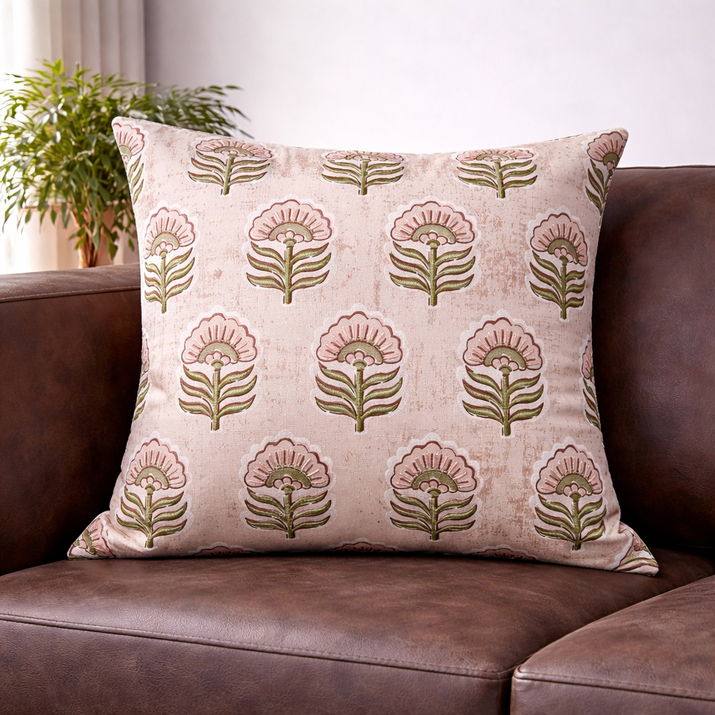 16x16 Cotton Floral Cushion Cover with Insert | Blush Pink Hand Block Print Decorative Throw Pillow