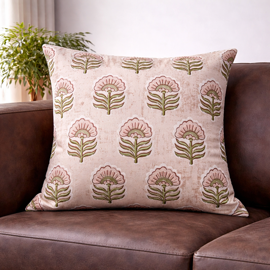 16x16 Cotton Floral Cushion Cover with Insert | Blush Pink Hand Block Print Decorative Throw Pillow